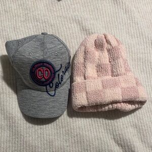 Gray Cap and Pink Checkered Beanie Set